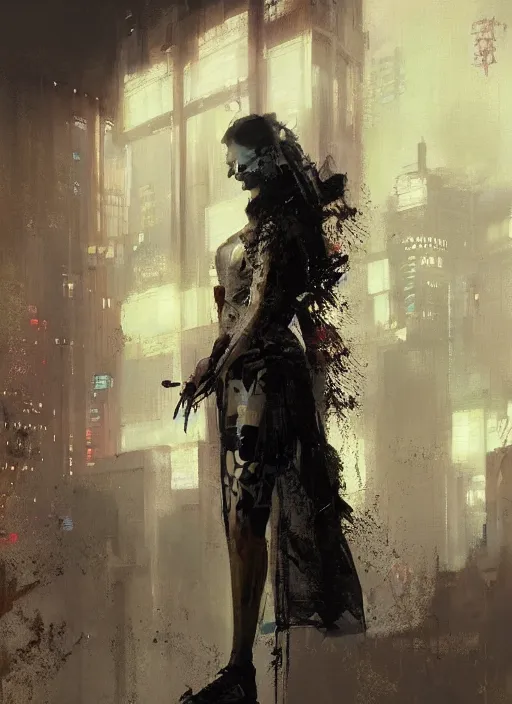 Image similar to cyberpunk geisha, rule of thirds, intricate outfit, spotlight, by greg rutkowski, by jeremy mann, digital painting