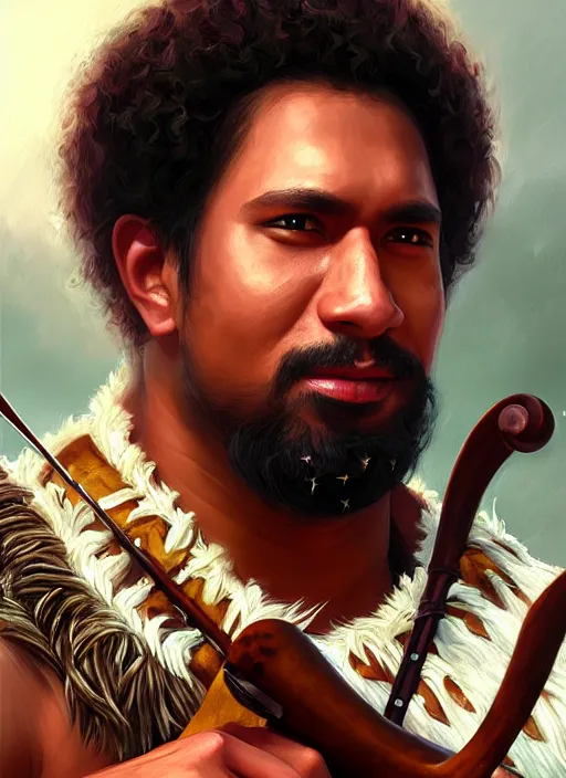 Image similar to a _ fantasy _ style _ portrait _ painting _ of samoan male charismatic bard playing instrument, rpg dnd oil _ painting _ unreal _ 5 _ daz. _ rpg _ portrait _ extremely _ detailed _ artgerm _ greg _ rutkowski _ greg