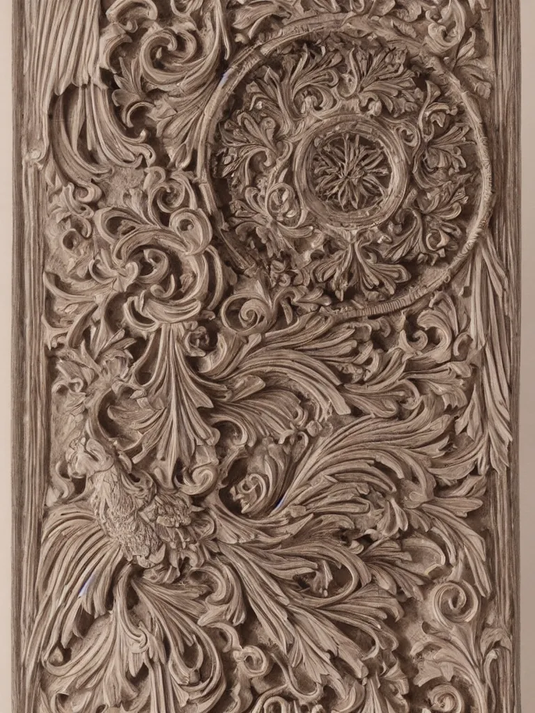 Prompt: a beautiful and masterful futuristic engraving decorative ornamental emblem, acanthus, floral, acroteria, arabesque, bead and reel, beams, bocage, cartouche, caulicoli, dentils, eagle, encarpus, symmetrical doorway