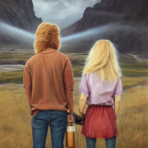 Image similar to a highly detailed portrait from behind of a young couple, holding a tin can, remote icelandic village, summer, jeans and t shirt, blonde hair, muted colors, hyper realistic, extremely realistic, realistic, by tom bagshaw, trending on artstation,