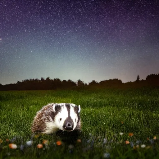 Prompt: a badger watching a starry sky and moonrise, realistic, 4k,