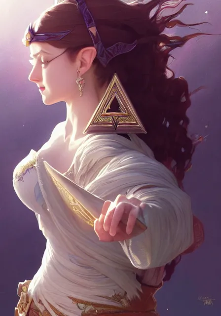 Image similar to zelda triforce princess, dance, intricate, elegant, highly detailed, digital painting, artstation, concept art, smooth, sharp focus, illustration, art by artgerm and greg rutkowski and alphonse mucha and william - adolphe bouguereau