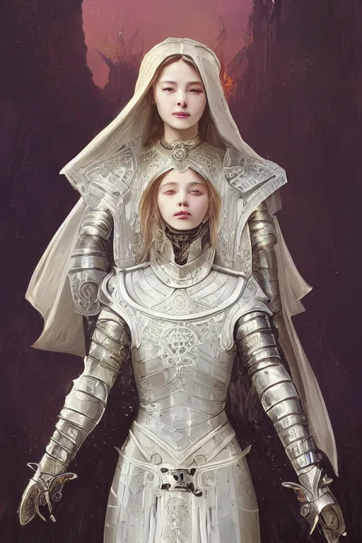 Image similar to beautiful and victorian and holy and divine and elite young medieval female white armor knight portrait like twice tzuyu+shinny eyes+front face with light flowing hair, ultradetail face, art and illustration by tian zi and craig mullins and WLOP and alphonse mucha, fantasy, intricate complexity, human structure, human anatomy, fantasy character concept, watermark, blurry, hyperrealism 8k