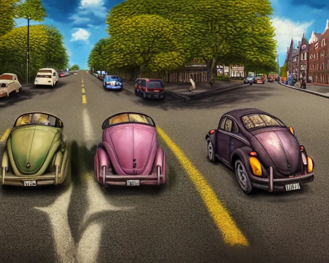 Prompt: a highly detailed matte painting of four insect beetles with faces of john lennon, paul mccartney, george harrison and ringo starr, on abby road, in the style of greg rutkowski and remedios varo, ultra realistic, detailed, intricate, full of color, 4 k, hyperrealistic, focused, extreme details, masterpiece
