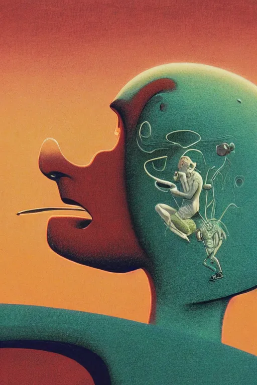 Image similar to a scifi closeup portrait of a young british man licking a blotter paper of LSD acid on his tongue and dreaming psychedelic hallucinations in cosmos, by kawase hasui, moebius, Edward Hopper and James Gilleard, Zdzislaw Beksinski, Steven Outram colorful flat surreal design, hd, 8k, artstation