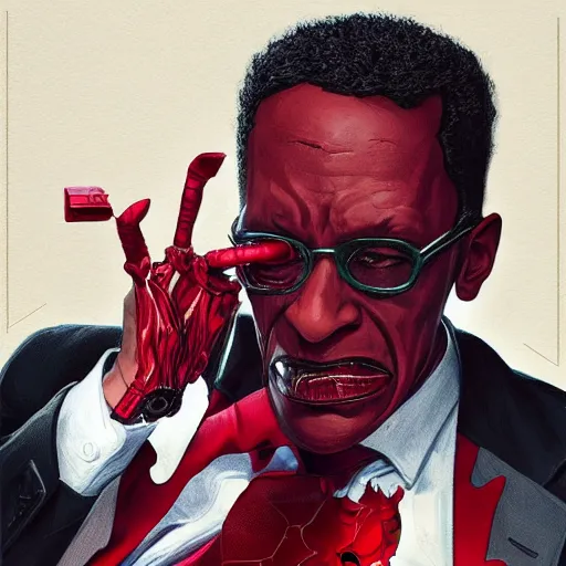 Prompt: portrait of Gustavo Fring as Marvel\'s Red Skull, elegant, intricate, headshot, highly detailed, digital painting, artstation, concept art, sharp focus, illustration, art by artgerm and greg rutkowski and alphonse mucha