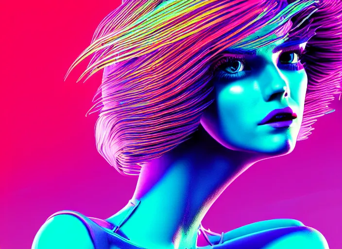 Prompt: portrait of a synthwave 8 0 s fashion model with an exuberant hair style, colorful, dynamic pose, beautiful face, octane render, vray, detailed, halftoned, editorial illustration, matte print, grainy light, ( ( dither ) ), risograph, high contrast, screen print, grainy texture