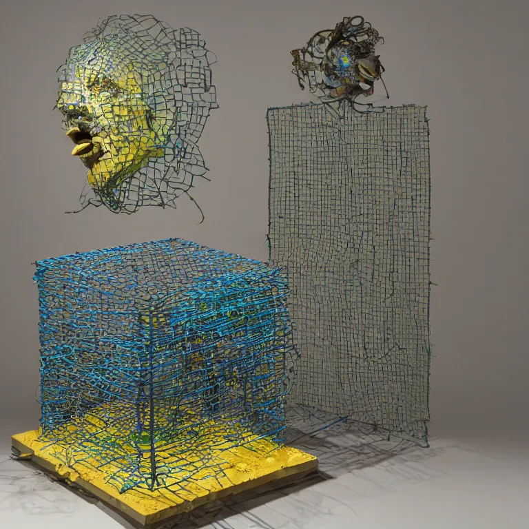 Prompt: hyperrealistic sculpture of a bronze fossilized ancient lego mindstorms archelon dusted with saffron and deep blue and grass green spraypaint and beeswax in a grid cage on a pedestal by ron mueck and duane hanson and lee bontecou, hyperrealistic dramatic colored lighting trending on artstation 8 k