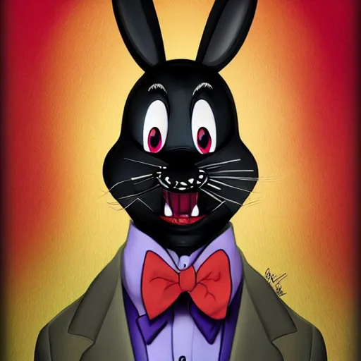 Image similar to A extremely highly detailed majestic hi-res beautiful, highly detailed head and shoulders portrait of a scary terrifying, horrifying, creepy black cartoon rabbit with a bowtie and scary big eyes, earing a shirt laughing, hey buddy, let's be friends, in the style of Walt Disney