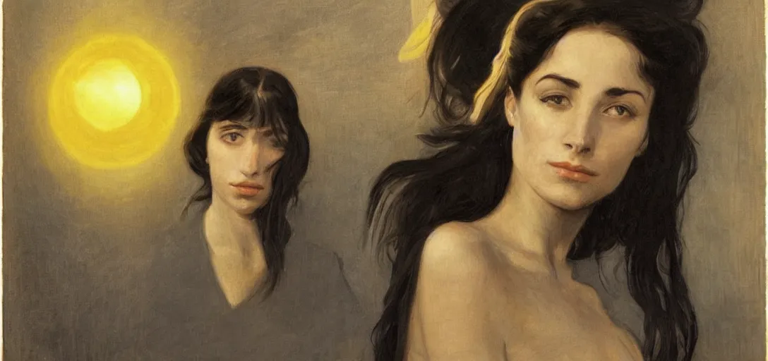 Prompt: portrait of an italian woman with long black hair, blazing sun, sci - fi by emile friant and moebius