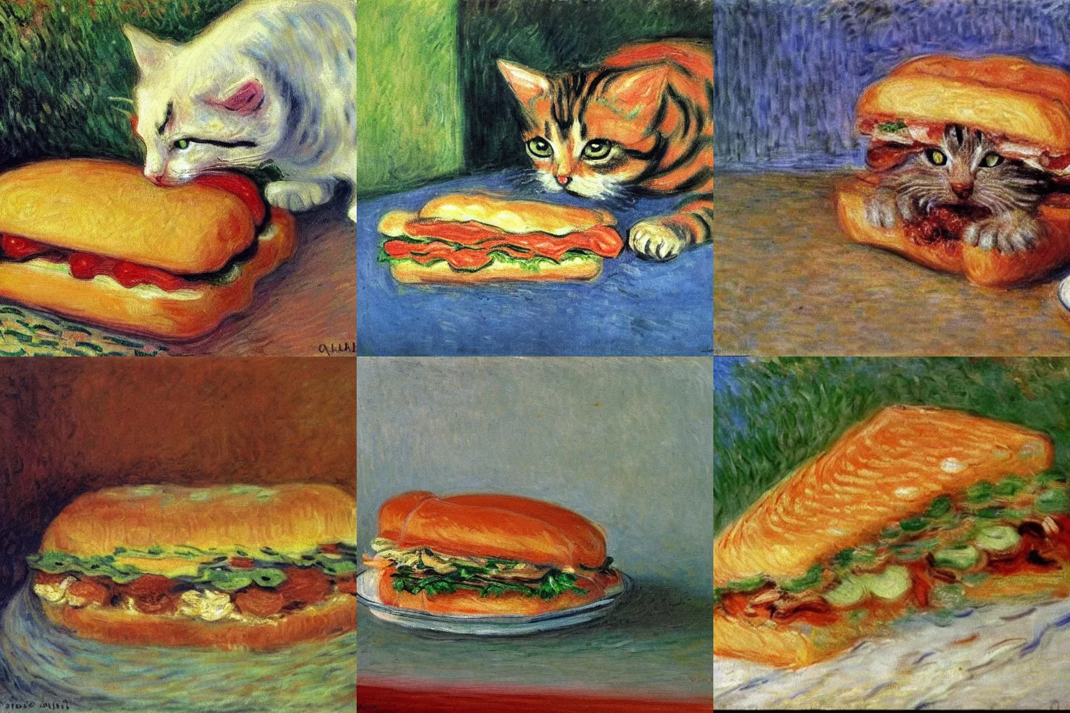 Prompt: an oil painting of a cat biting into a big sandwich by Claude Monet