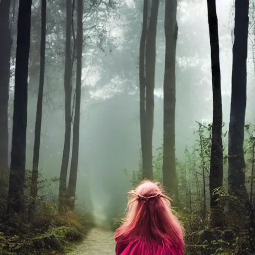 Prompt: young woman is a cottagecore witch, with rosy hair, with teal clothes, in a foggy forest, hyper - realistic, 4 k, full body, vogue photoshoot