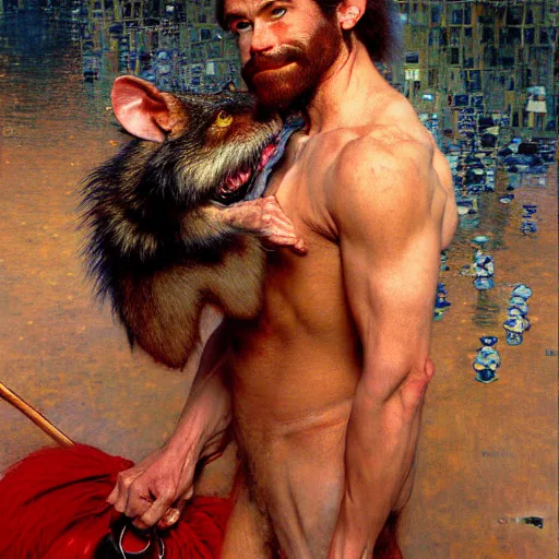 Image similar to a male ratwolfman rat wolf man in a red kimono furry arms furry body walking stick sewers. furaffinity furry art detailed face painting by gaston bussiere craig mullins jc leyendecker gustav klimt artgerm greg rutkowski furry