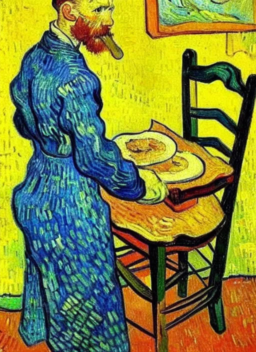 Prompt: good morning, van gogh painting breakfast on a canvas, painting by vincent van gogh, paul gauguin