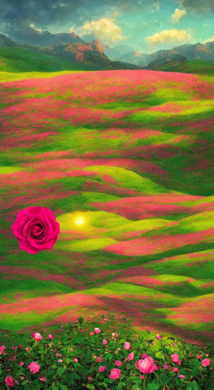 Prompt: Lush green valley with a rose field pink cloudsbacklit by yellow sun, nostalgic, calming, aesthetic, volumetric, high contrast, vibrant colours, vivid colours, high saturation by greg rutkowski and jesper ejising, wide angle