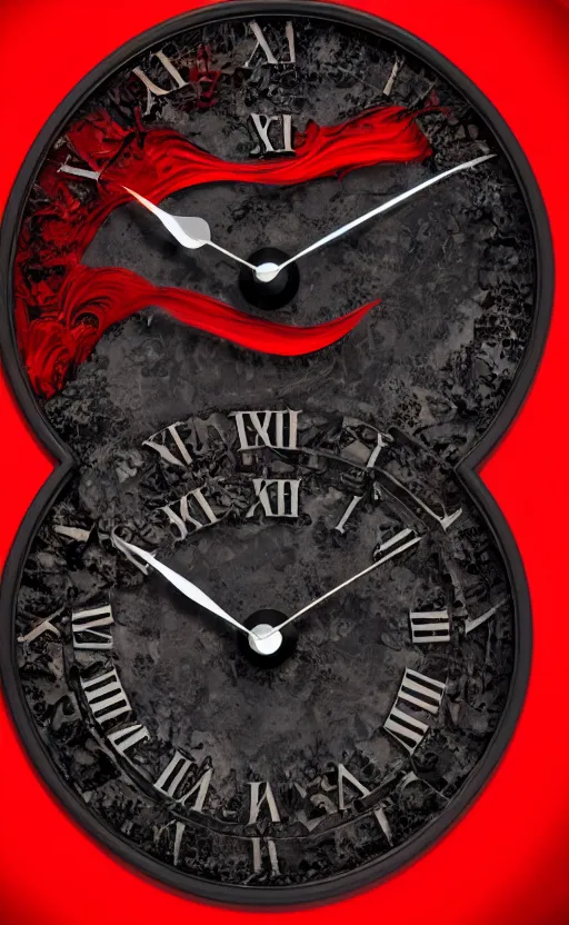 Image similar to a melting Roman numeral clock, behind a red and black gradient background, awith a black heart shaped on the top left corner and a black diamond card shape in the bottom right corner, dynamic lighting, photorealistic fantasy concept art, trending on art station, stunning visuals, cinematic, creative, ultra detailed