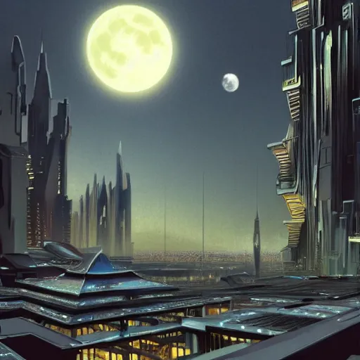 Prompt: an intricate, detailed matte painting of a rooftop in the futuristic city that has many aerials and structures on top with a huge, realistic moon in the background, dramatic lighting, 4k, trending on artstation, by Syd Mead
