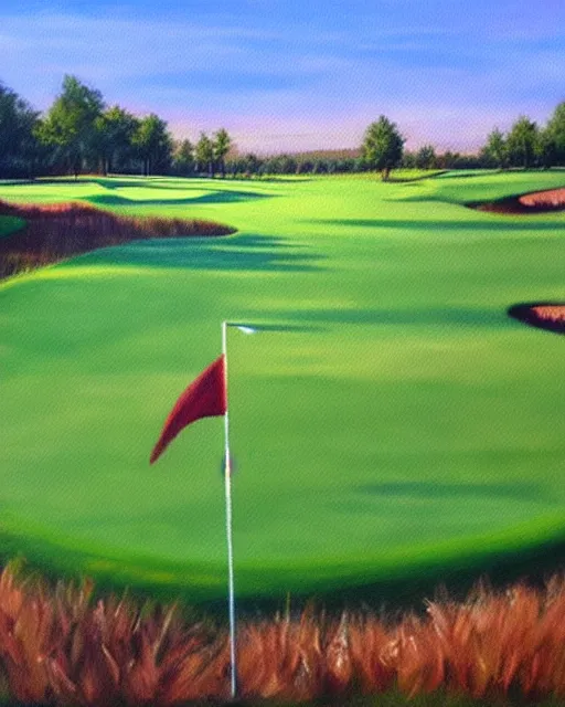 Image similar to oil painting of golf course, flag, oil painting,