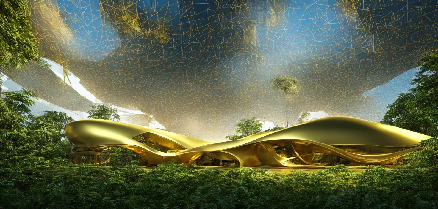 Prompt: futuristic shinny golden mirror building camouflaged in an jungle landscape of a solarpunk world by frank gerhy and oscar niemeyer, shinny golden roads and bridges designed by zaha hadid, movie poster, spiral golden ratio, at dusk lighting, evening lighting, reflections, film still, hyper realistic, octane render redshift arnold materials unreal engine, 8 k post production, hyper detailed