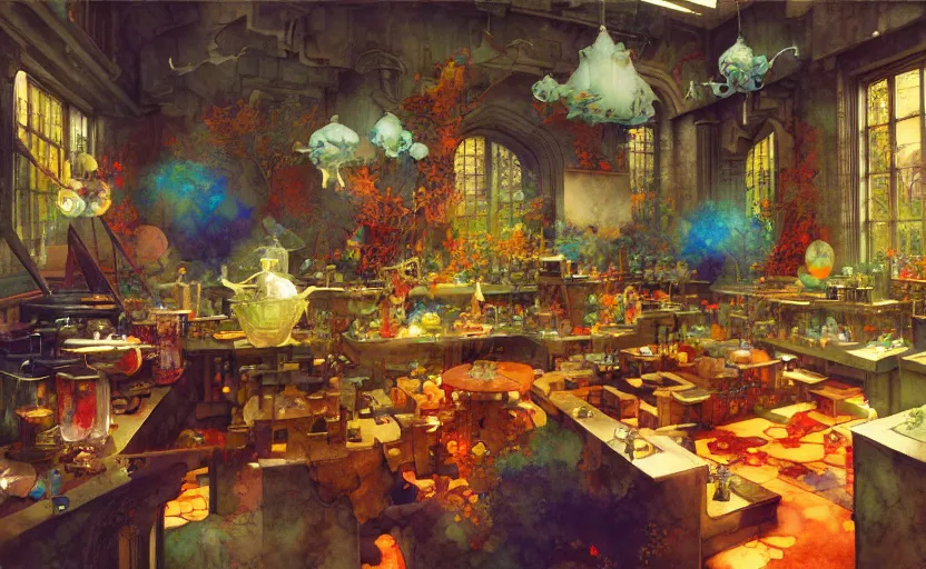 Image similar to alchemy laboratory, fantasy. intricate, amazing composition, colorful watercolor, by ruan jia, by maxfield parrish, by marc simonetti, by hikari shimoda, by robert hubert, by zhang kechun, illustration, gloomy