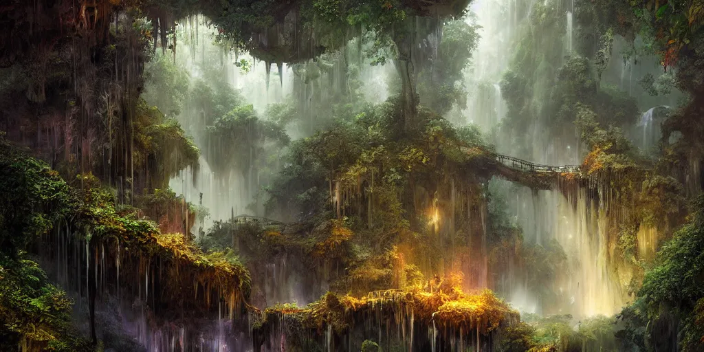 Image similar to a digital painting of a cave entrance in a mystical forest with waterfalls and vines hanging from trees, fireflies glowing in various colors, desaturated, a detailed matte painting by stephan martiniere, cgsociety, fantasy art, matte painting, concept art, fractalism, night