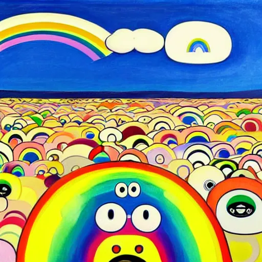 Image similar to clouds with rainbow colors, smiley faces, Edvard Munch, David Hockney, Takashi Murakami, Minimalist,