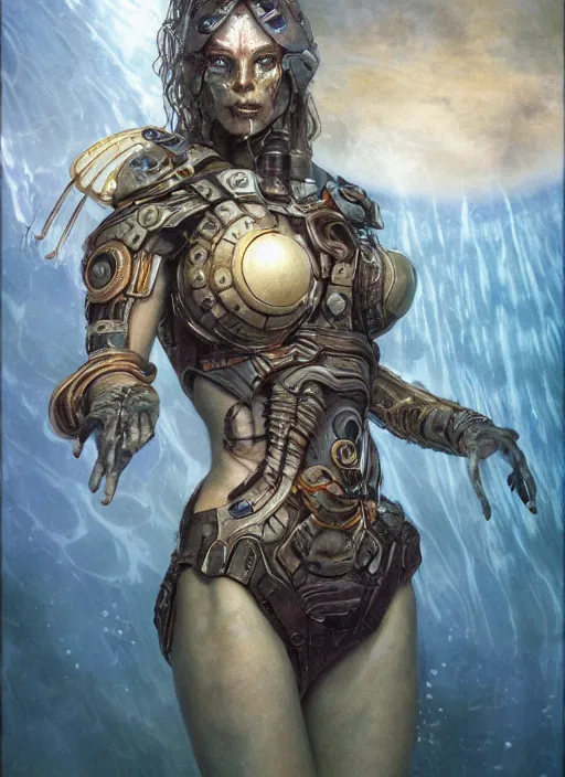 Prompt: biblical daemonic cyborg girl with glowing veins, shoulder pads, on planet jupiter, underwater photography, by gerald brom, by mikhail vrubel, by peter elson, muted colors, extreme detail, trending on artstation, 8 k