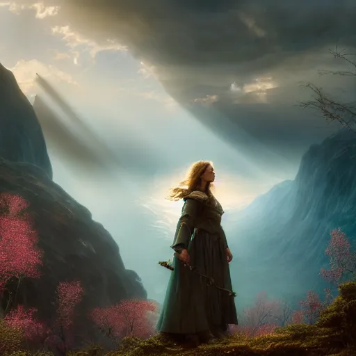 Image similar to wizard, argentina, natalie portman, hudson river school, max rive, full plate armor, f 1 6, bokeh, gentle, female, snowy mountain, storm clouds, god rays, close up portrait, d & d, fantasy, elegant, teal pink white gold color palette, concept art, roger deakins and greg rutkowski and alphonse mucha