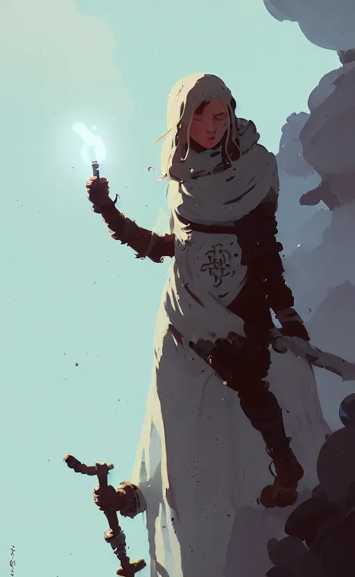 Image similar to female celtic druid by atey ghailan, by greg rutkowski, by simon stalenhag, by greg tocchini, by james gilleard, by joe fenton, by kaethe butcher dynamic lighting, gradient light blue, brown, blonde cream and white color scheme, grunge aesthetic