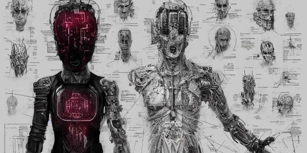 Image similar to realistic futuristic distopic detroy cyberpunk hellraiser tattoo cyborg clean design by apple , character sheet, Greg Rutkowski, Zabrocki, Karlkka, Jayison Devadas, Phuoc Quan, trending on Artstation, 8K, tsutomu nihei, giger , zenith view, pincushion lens effect.