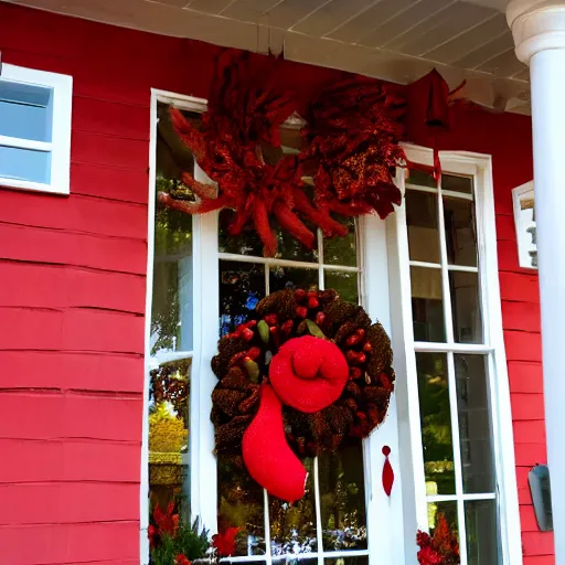 Image similar to a red house decorated for rosh hashanah, cozy, festive, spiral motif, creative fall decorations