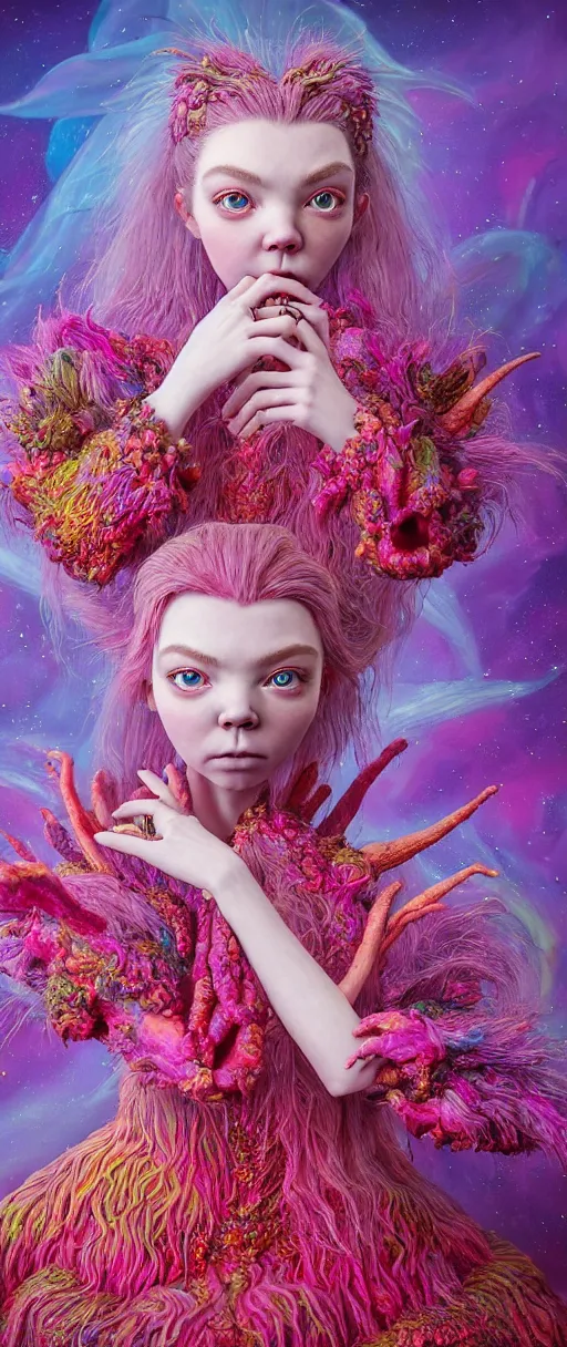 Prompt: hyper detailed 3d render like a Oil painting - kawaii portrait of two Aurora (a beautiful skeksis muppet fae princess protective playful personality from dark crystal that looks like Anya Taylor-Joy) seen red carpet photoshoot in UVIVF posing in scaly dress to Eat of the Strangling network of yellowcake aerochrome and milky Fruit and His delicate Hands hold of gossamer polyp blossoms bring iridescent fungal flowers whose spores black the foolish stars by Jacek Yerka, Ilya Kuvshinov, Mariusz Lewandowski, Houdini algorithmic generative render, Abstract brush strokes, Masterpiece, Edward Hopper and James Gilleard, Zdzislaw Beksinski, Mark Ryden, Wolfgang Lettl, hints of Yayoi Kasuma and Dr. Seuss, octane render, 8k