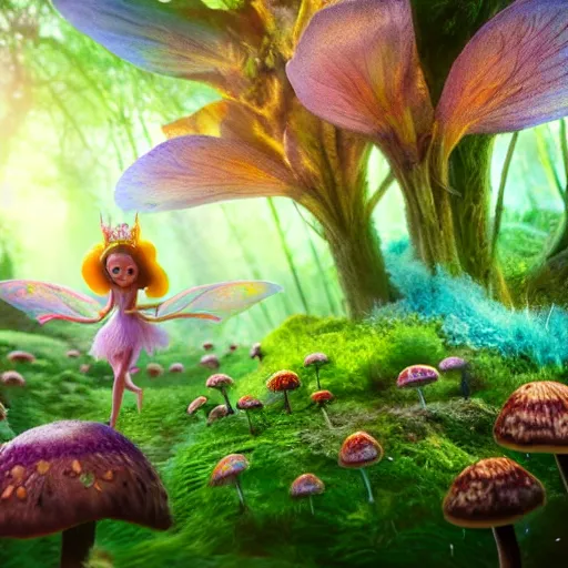 Image similar to beautiful faerie princess walks through happy trippy fungal landscape, weta pixar 8 k detailed face award winning photography