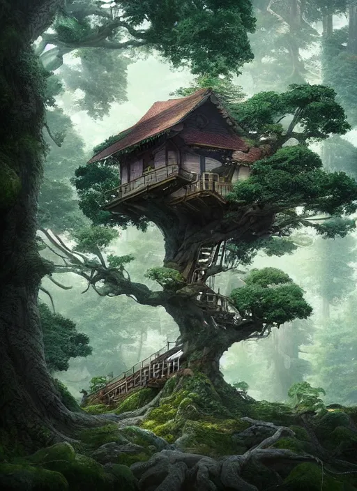 Image similar to beautiful tree house in a gnarly bonsai in a ancient forrest, dynamic lighting, cinematic, establishing shot, extremly high detail, foto realistic, cinematic lighting, post processed, concept art, artstation, matte painting, style by ghibli, myazaki