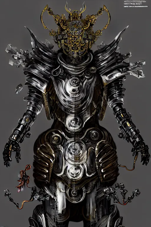 Image similar to asura from chinese myth, ghost, luxurious armor mixed with leather and metal, dystopian, cyberpunk, organic fractal mycelum and fungi, mecha, halfturn portrait of a big crystal face made of crystals half - turn, ominous, intricate, studio, art by anthony macbain + greg rutkowski + alphonse mucha, concept art, 4 k, sharp focus