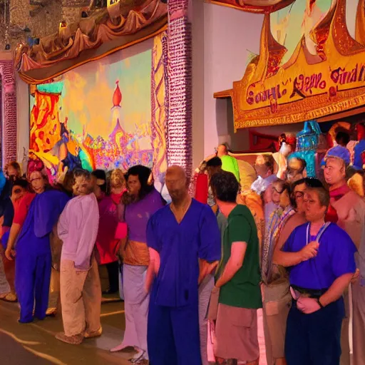 Image similar to a long line of sad people waiting to speak with the genie from Aladdin by Disney