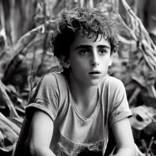 Image similar to timothee chalamet plays ralph in lord of the flies ( 1 9 6 3 ), 3 5 mm black and white, highly detailed, cinematic lighting