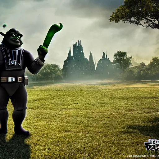 Prompt: Shrek in the style of Darth Vader from Star Wars, realism, against the background of the battlefield, depth of field, focus on Shrek,