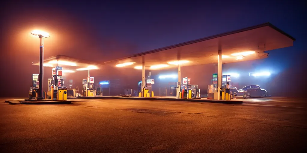 Image similar to gas station, fog, night, atmospheric lighting, high quality digital photography, 8k