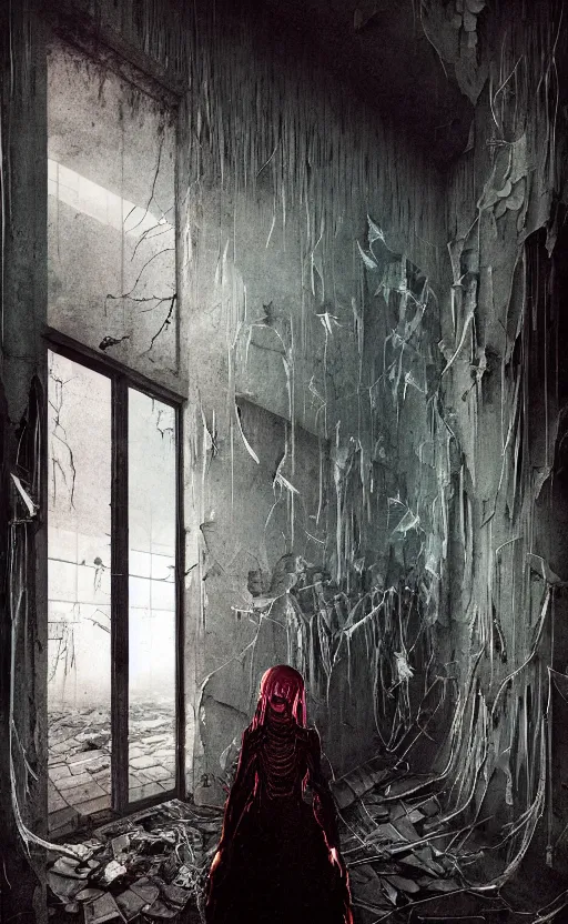 Image similar to vertical movie frame portrait of girl inside abandoned bedroom, ominous backrooms at distance seen through big broken shattered window, giger interior design, architectural design, vintage, liminal aesthetic, dreamcore, weirdcore, clean lines, wide angle, by wayne barlowe, tsutomu nihei, zdzislaw beksinski,