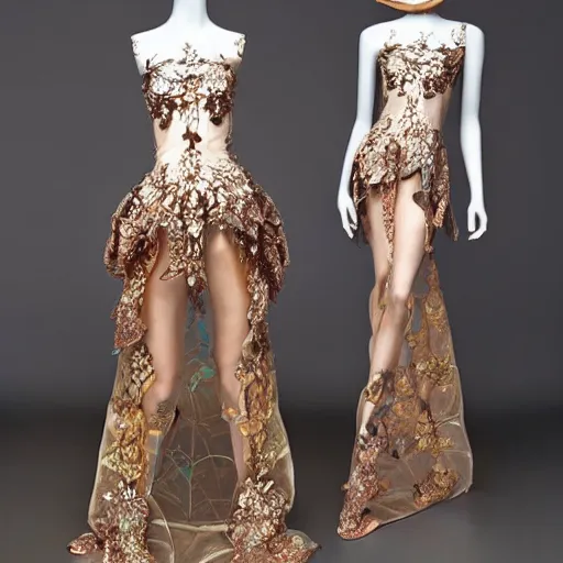 Image similar to exclusive evening dress made of bronze transparent fabric fantasy with colored flower petals made of fabric. intricate asymmetrical patterns. an elegant hat. hyperrealistic photos, clear details.