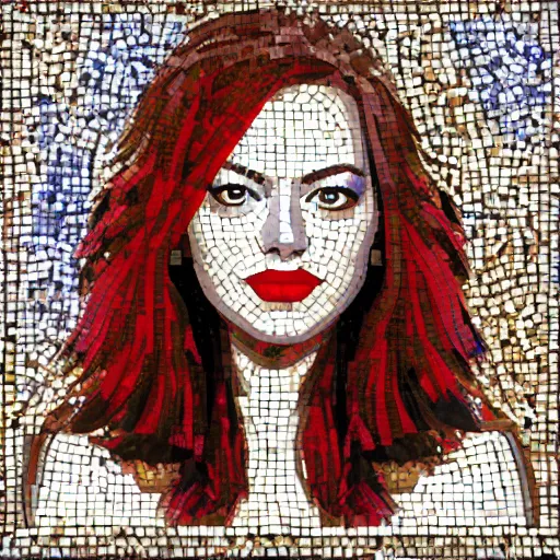 Prompt: greek mosaic made of rectangle pebbles depicting emma stone, significant boundaries of the pebbles, vibrant and matching colors, red hair, lovely and symmetrical face, most beautiful and colorful mosaic in the history, character design by akihiko yoshida