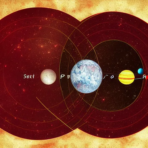 Prompt: orbital map of a planet with many moons, digital art, space