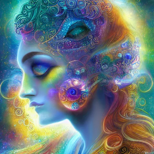 Prompt: higher consciousness spiritual awakening goddess of cosmic rivers, intricate digital painting inspired by Josephine Wall and Alex Grey, Artstation, CGsociety, Octane, Maya 3D, spiritual color palette