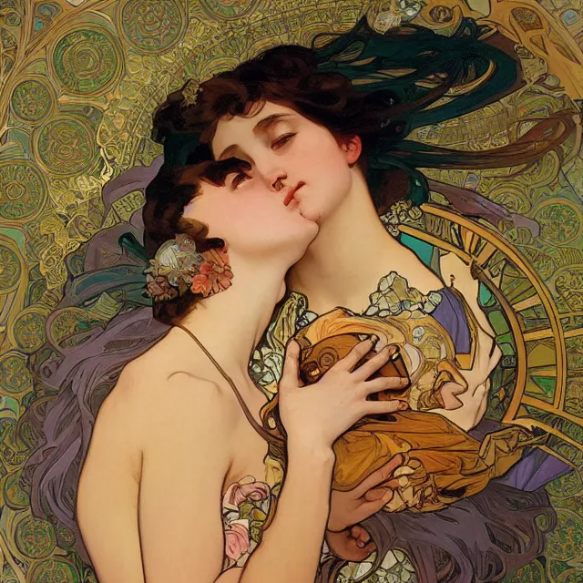 Prompt: an aesthetic! detailed portrait of an aesthetic woman crying mournfully while holding a child, by alphonse mucha, oil on canvas, bright colors, art nouveau, epic composition, dungeons and dragons fantasy art, hd, god - rays, ray - tracing, crisp contour - lines, huhd - 8 k