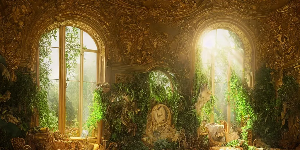 Image similar to a dream about Mallard Duck with a green head inside an opulent, ornate, abandoned overgrown Palace of Versailles, lush plants growing through the floors and walls, walls are covered with vines, beautiful, dusty, golden volumetric light shines through giant broken windows, golden rays fill the space with warmth, rich with epic details and dreamy atmosphere