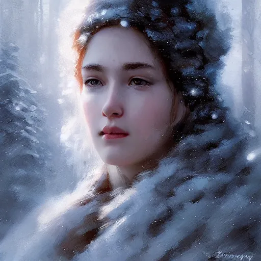 Prompt: Queen of winter, gorgeous portrait, intricate, elegant, volumetric lighting, scenery, digital painting, highly detailed, artstation, sharp focus, illustration, concept art, ruan jia, steve mccurry