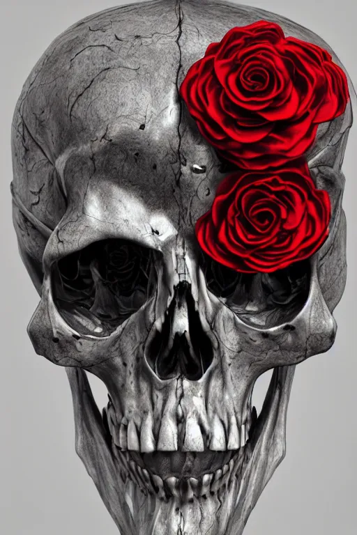 Image similar to skull made of red roses, organic horror, devil, death, giger, epic, baroque, art nouveau, james jean, photorealistic render, 3 ds max + v - ray, extremely detailed and intricate, center composition, elegant, vfx, unreal engine 5, octane render, extremely contrast, extremely sharp lines