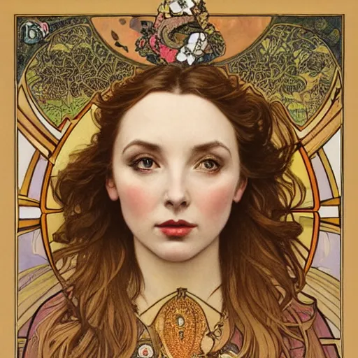 Image similar to jodie comer portrait by louis - theophile hingre and alphonse mucha, realistic, sharp focus, zodiac signs, tarot cards, planets, ethereal, art nouveau, magic, moon, sun, crown, dreamy, royal, jewellery