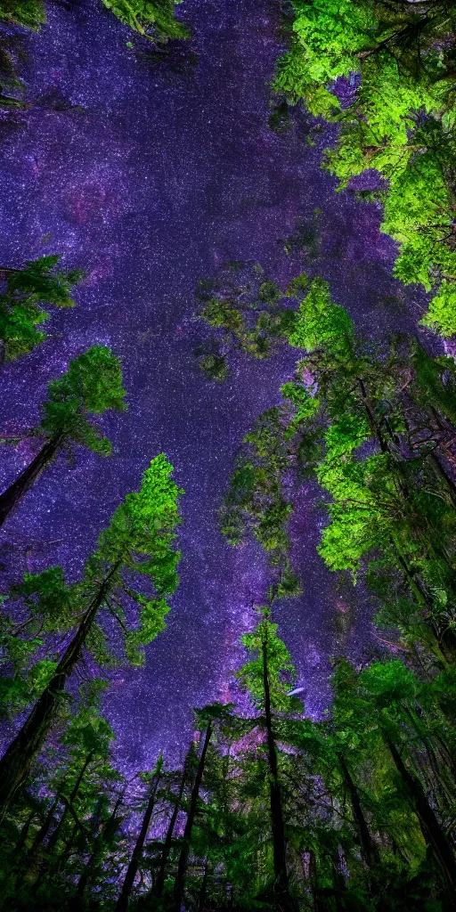 Prompt: numerous redwood trees faintly glowing with different colors in dark night jungle, wide angle shot, dslr hd details, highly detailed, 8K render